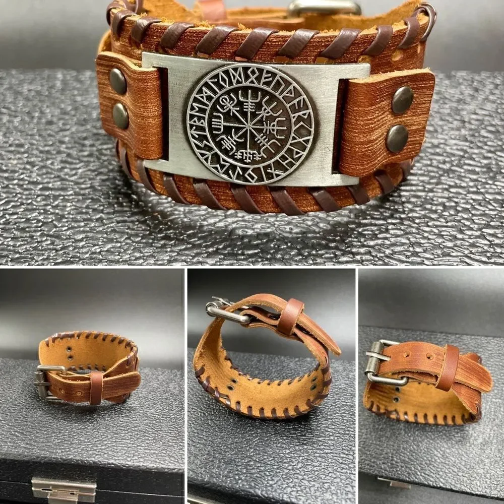 Men’s Leather Buckle Bracelet l Black or Red-Brown l New